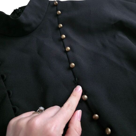 Nicole Miller Black Puff Sleeve Mock Neck Mini Button Dress 2 - Picture 5 of 6